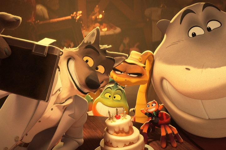Mr. Wolf takes a selfie with his crew in The Bad Guys.