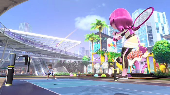 Two sportsmates play badminton in Nintendo Switch Sports.