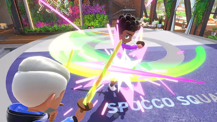 Two sportsmates swordfight in Nintendo Switch Sports.