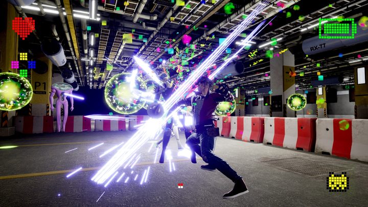 Travis Touchdown slashing an alien with his beam katana in No More Heroes 3.