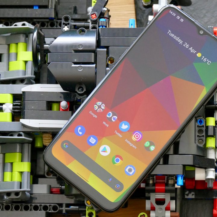 Nokia G11 screen, with the phone resting on Lego.