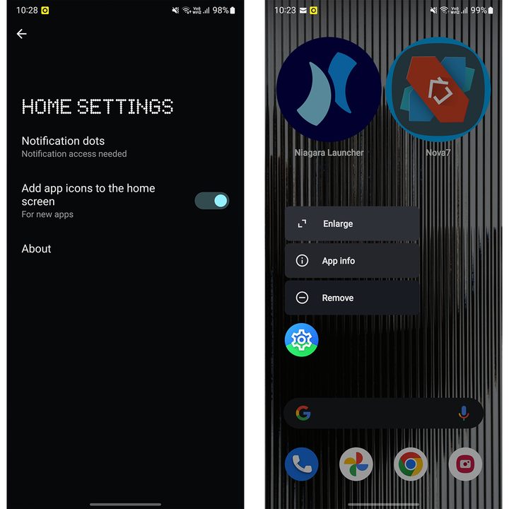 Screenshots showing Nothing OS Android launcher with app icon enlargement function.