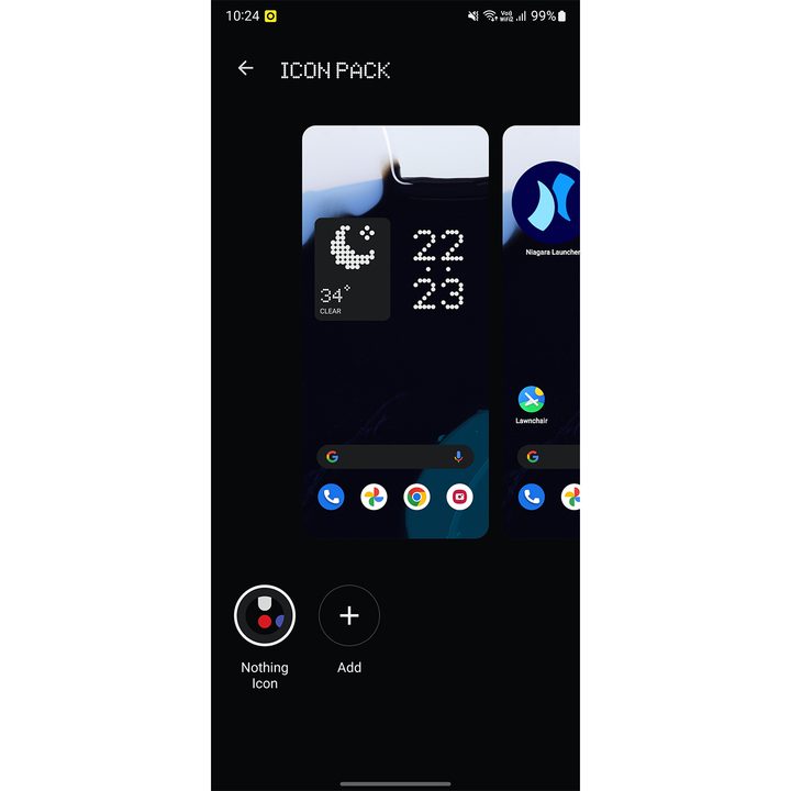 Screenshot showing icon selection menu in Nothing OS Android launcher.