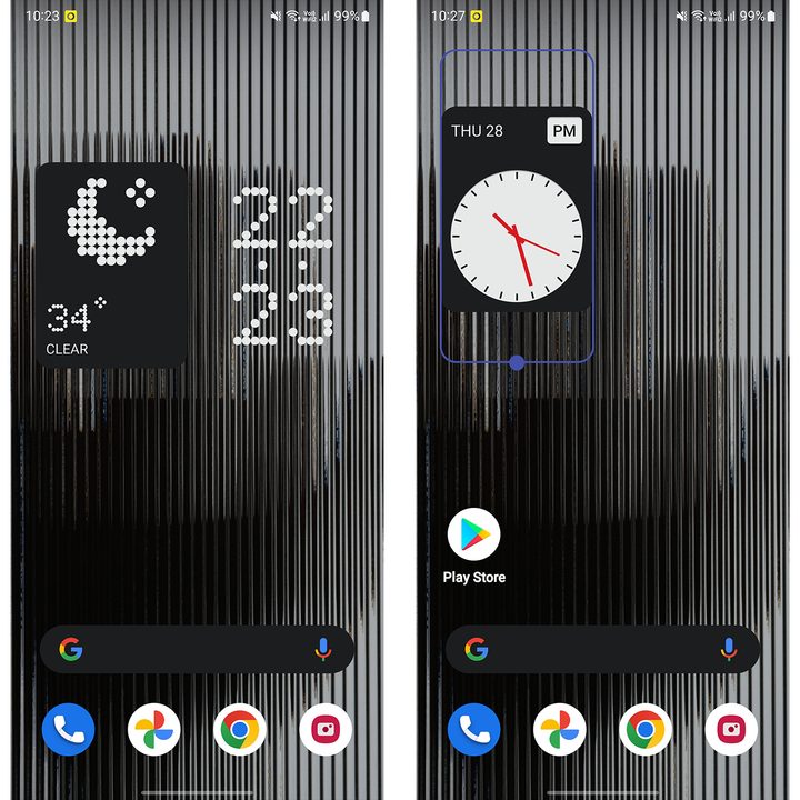 Screenshots showing widgets in Nothing OS Android launcher.