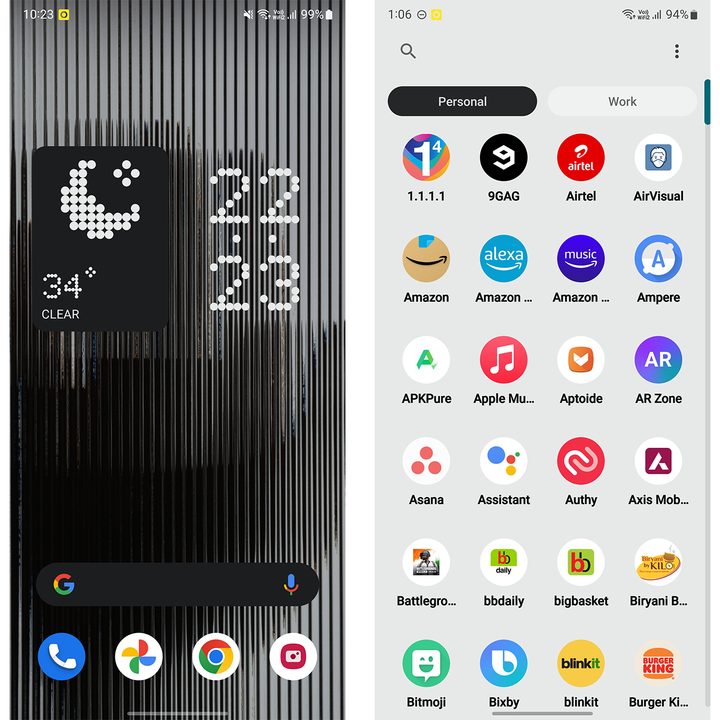 Screenshot showing Nothing OS Android launcher homescreen and app drawer.