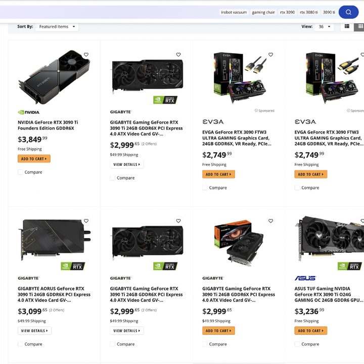 The product page and prices on Newegg for the Nvidia RTX 3090 Ti GPU.