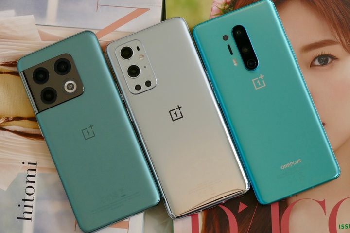 OnePlus 10 Pro, OnePlus 9 Pro, and OnePlus 8 Pro seen from the back.