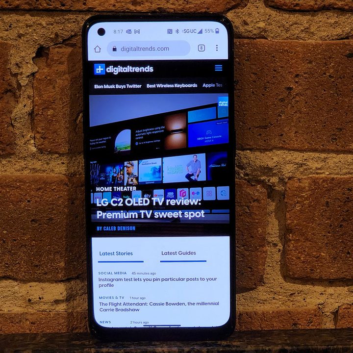 The OnePlus Nord N20 5G on a brick wall.