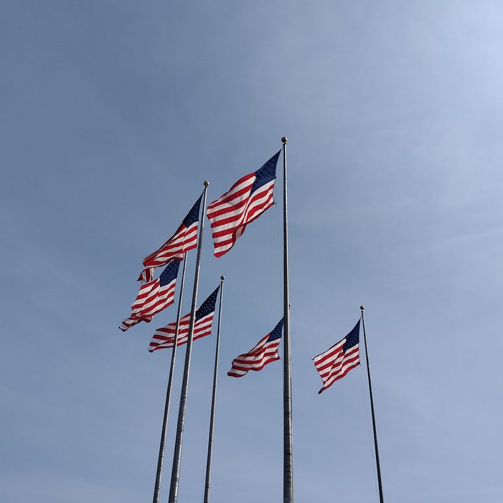 American flags wave in the breeze.
