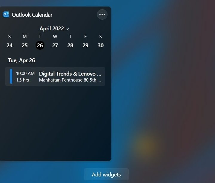 The outlook calendat widget on Windows 11