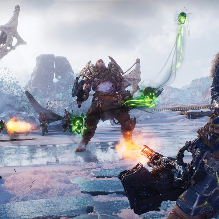 Outriders fight a large enemy in Glacier's Edge in Worldslayer