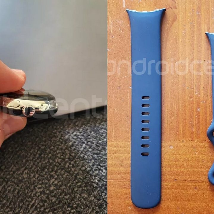 Google Pixel Watch leaked images featuring the crown of the watch and a strap.