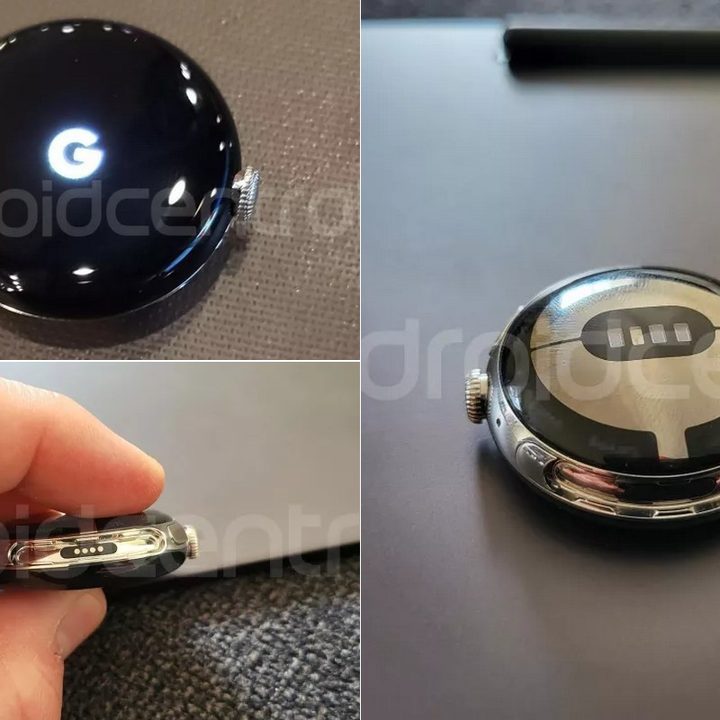 A gallery of three leaked images of Pixel Watch, showing the front, back, and side.