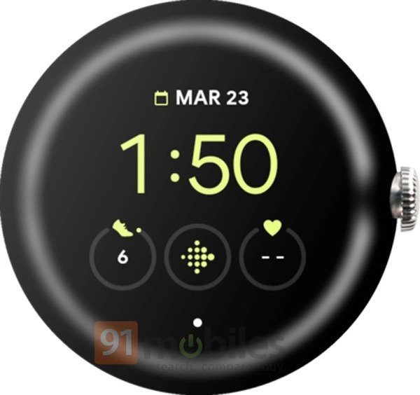 A render showing Google's upcoming Pixel watch with the fitbit and health features prominent.