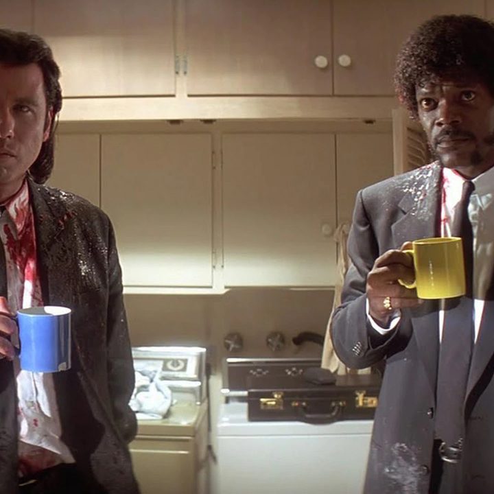 John Travolta and Sam Jackson star in Pulp Fiction, directed by Quentin Tarantino.