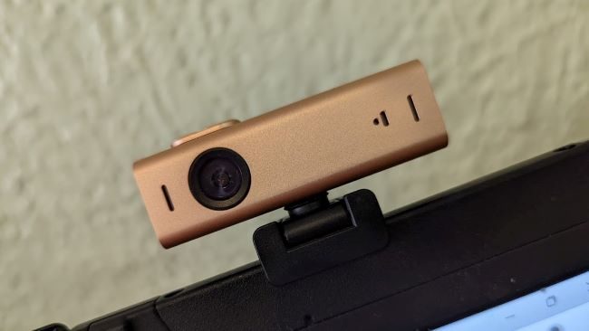 The Lumina webcam perched on top of a Panasonic Toughbook laptop