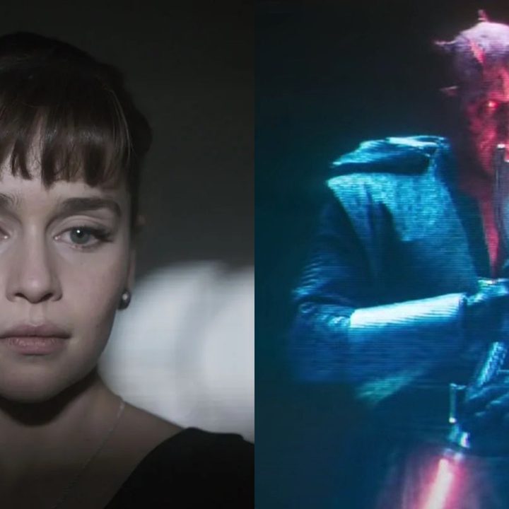 Split image of Qi'ra meeting Maul at the end of Solo via hologram