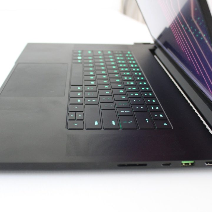 The keyboard deck and speaker grill of the Razer Blade 17.