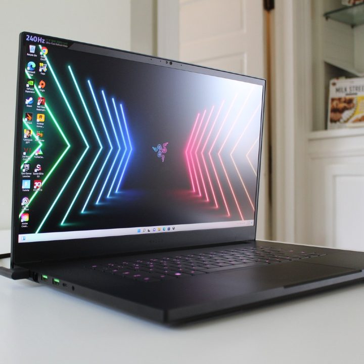 The Razer Blade 17, open on a white table.