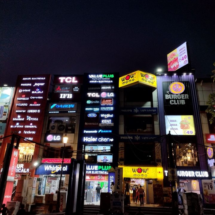 Buildings with lots of advertising hoardings.