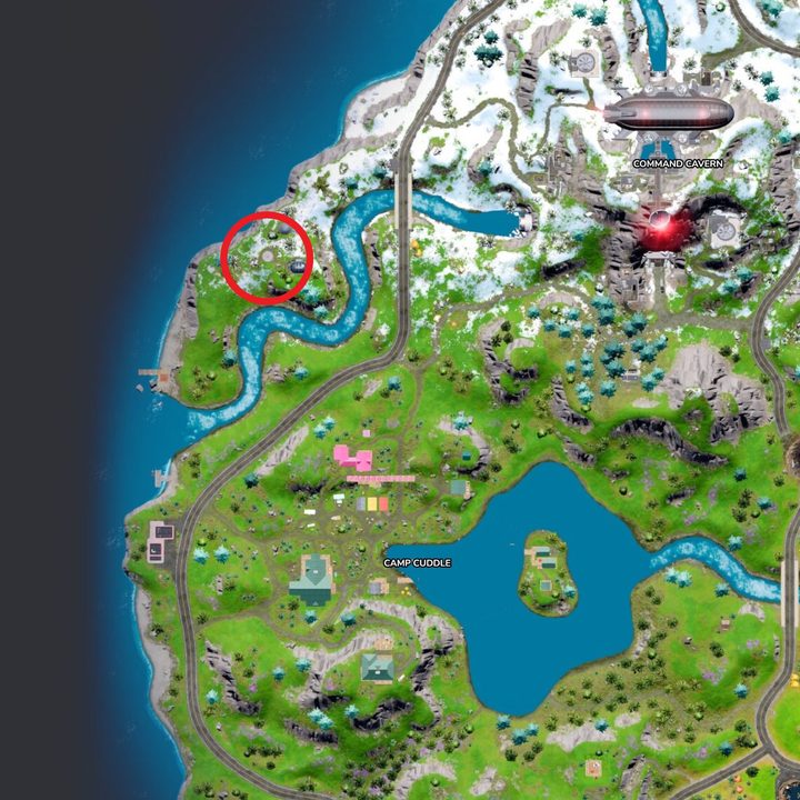 A location of a rift is circled on a map of the Fortnite island.