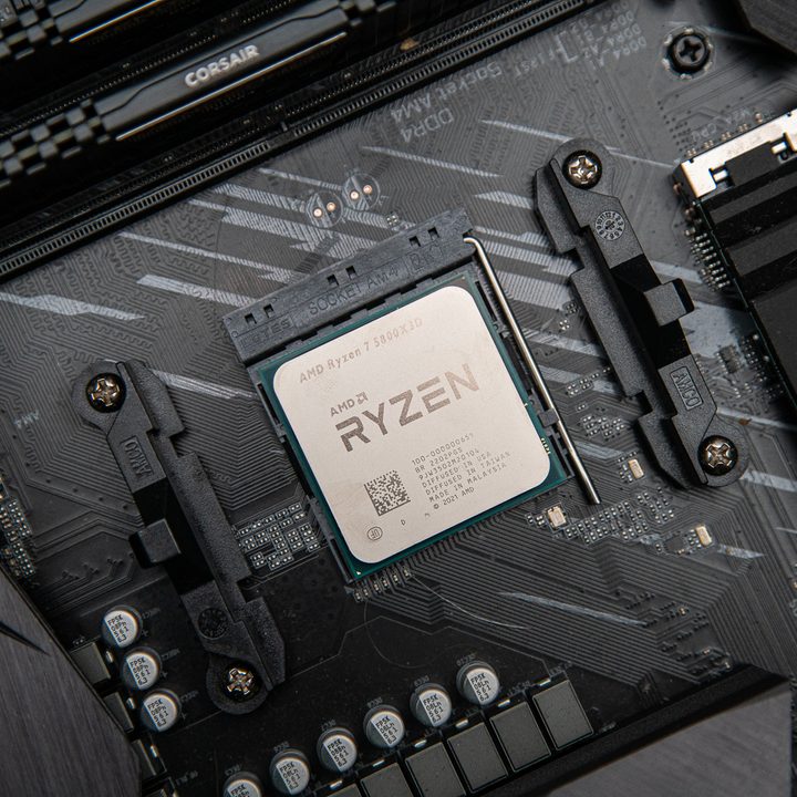 AMD Ryzen 7 5800X3D socketed in a motherboard.