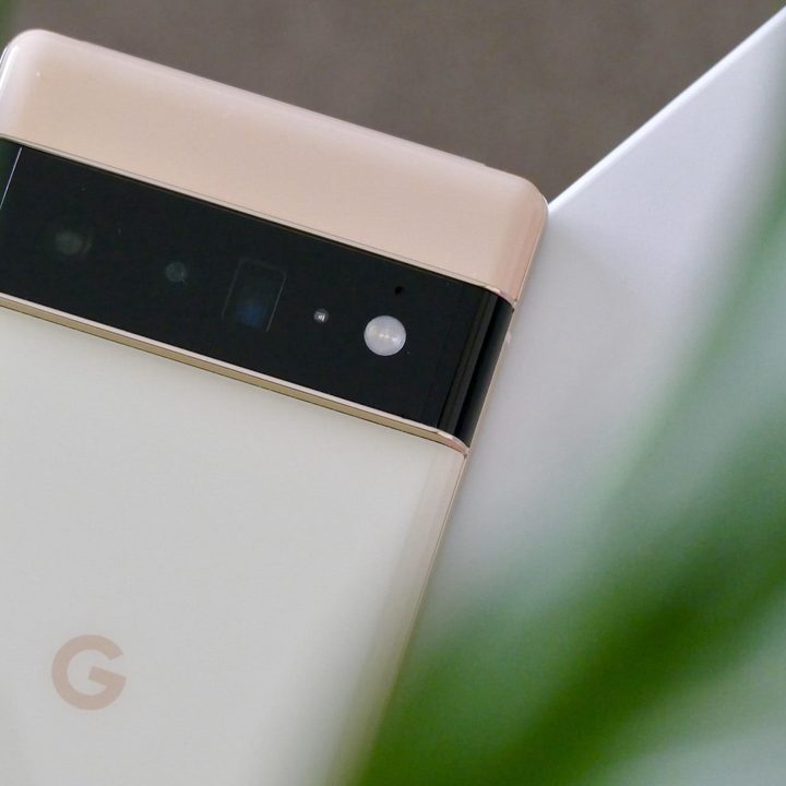 Close-up of the rear Google Pixel 6 Pro's rear panel showing its cameras.