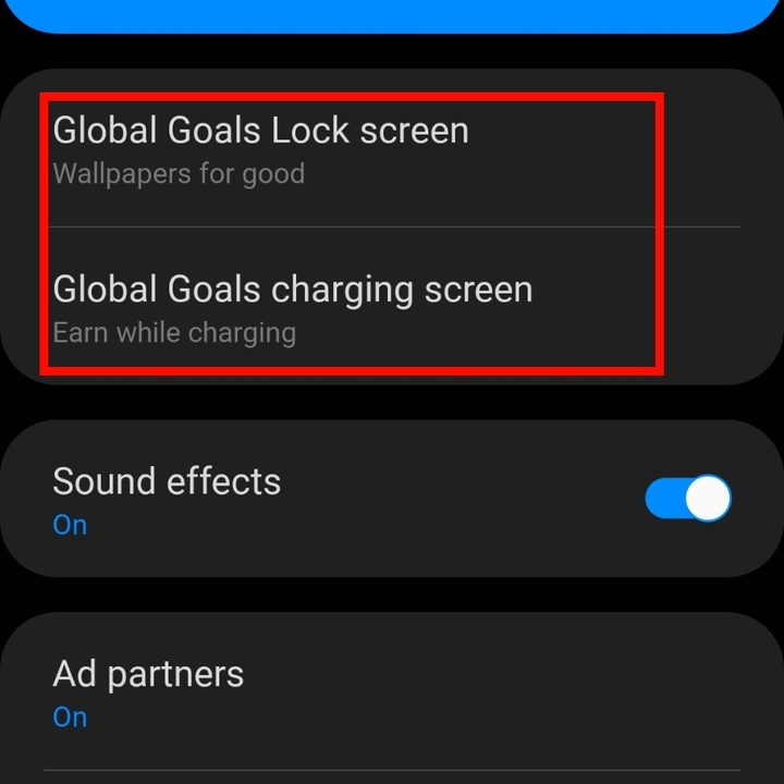 Samsung Global Goals Lock Screen and Charging screen menus.