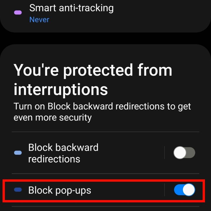 Samsung Internet block pop-ups toggle.