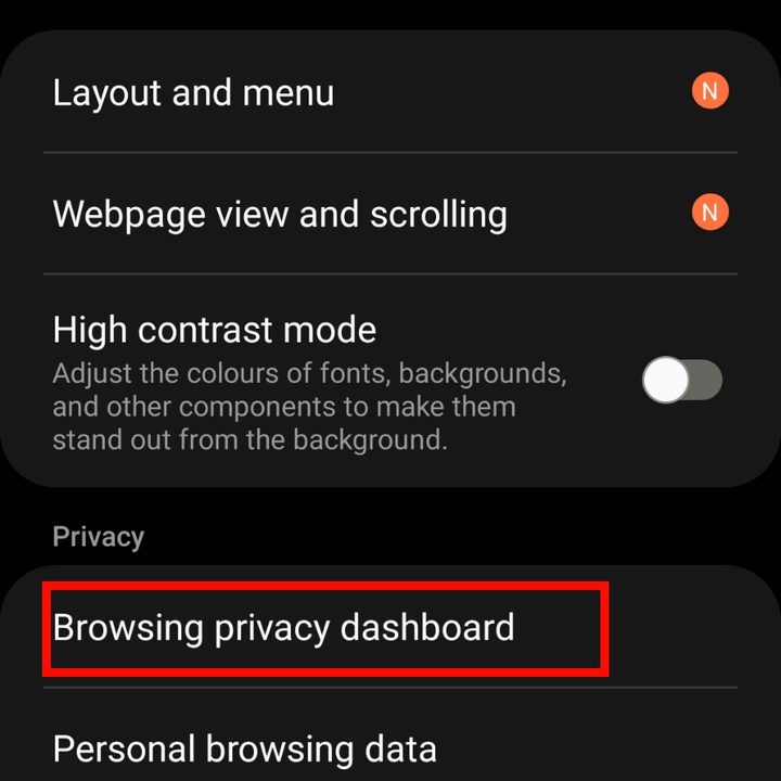 Samsung Internet Browsing privacy dashboard.