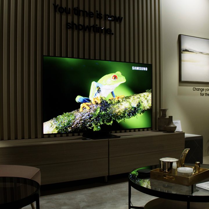 Samsung S95B OLED TV with bright of a tree frog image on-screen.
