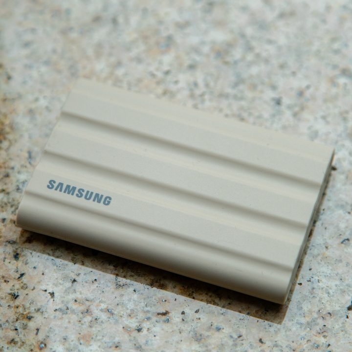 Samsung T7 Shield hard drive on a counter.