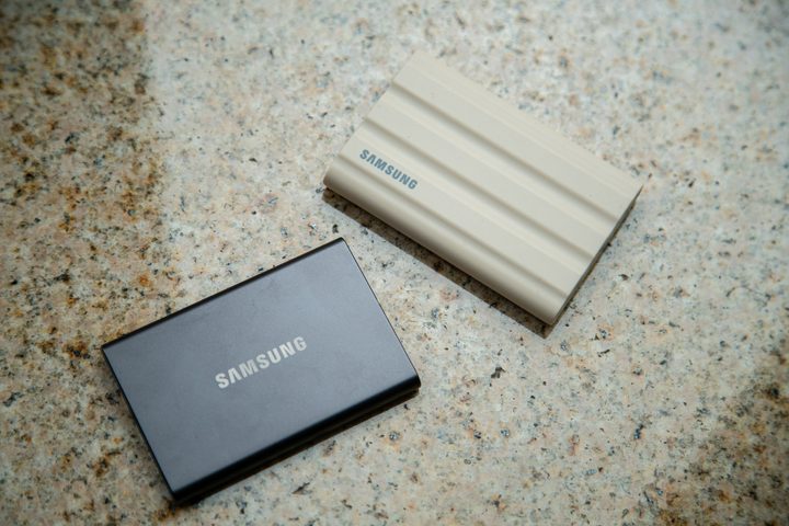 Samsung T7 and T7 Shield sitting on a table.
