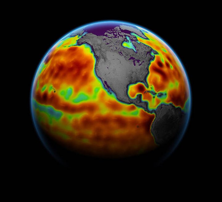 This map shows sea level measured by the Sentinel-6 Michael Freilich satellite from June 5 to 15. Red areas are regions where sea level is higher than normal, and blue areas indicate areas where it’s lower than normal.