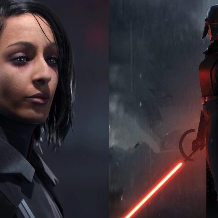 Trilla with and without her helmet as Second Sister in Star Wars Jedi: Fallen Order.