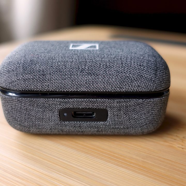 Front of Sennheiser Momentum True Wireless 3 charging case.