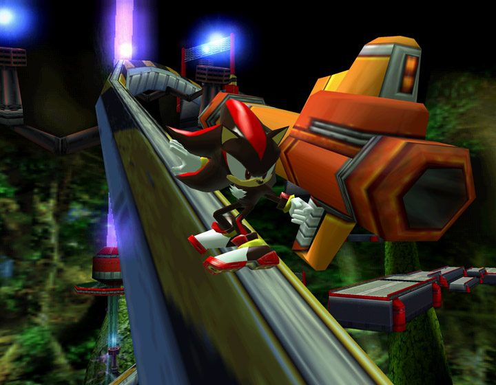 Shadow the Hedgehog grinds while holding a gun.