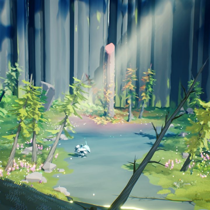A robot walking in a large forest in Shoulders of Giants.