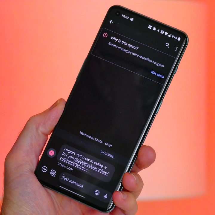 A spam SMS message on a phone.
