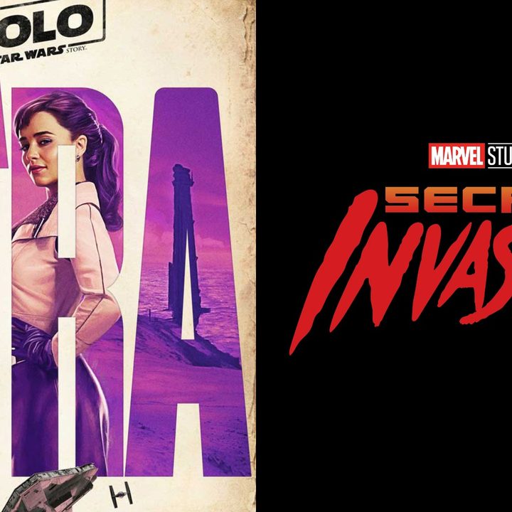 Split image of Qi'ra in a Solo promo poster and the MCU's Secret Invasion logo