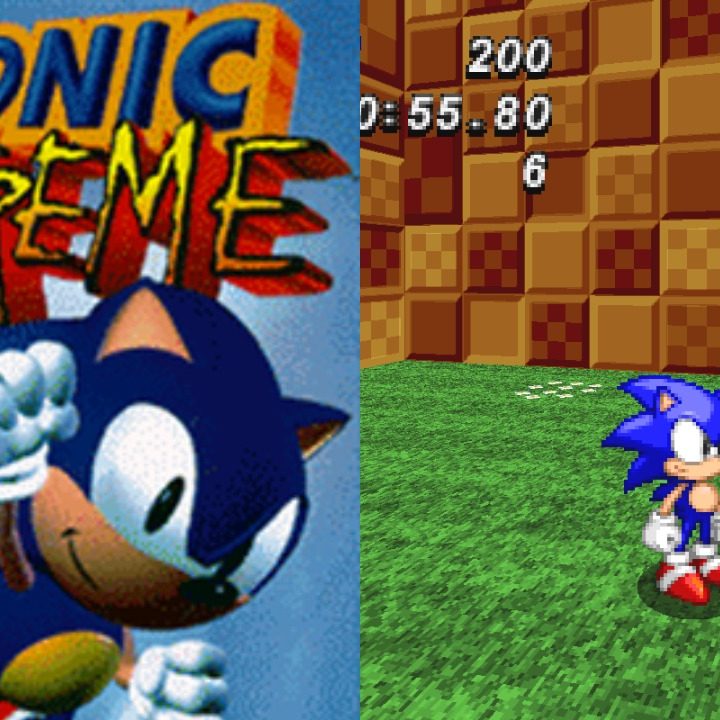 Split image of Sonic X-Treme cover art and a screenshot of the video game.
