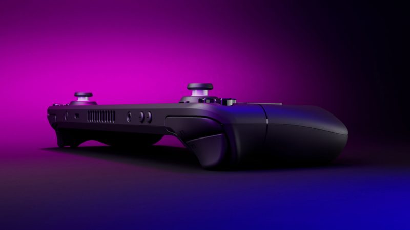 Steam Deck side view with purple background.