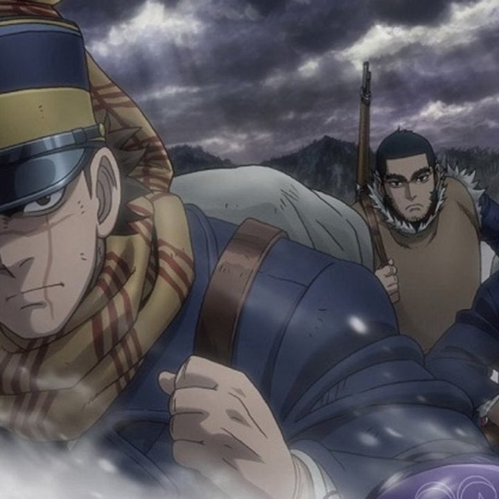 Sugimoto and his group trudging through snow in Golden Kamuy key art.