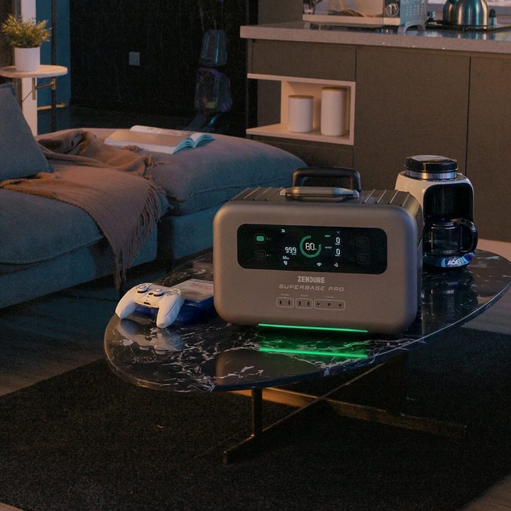The Zendure SuperBase Pro 2000 portable power station sitting on a living room table.