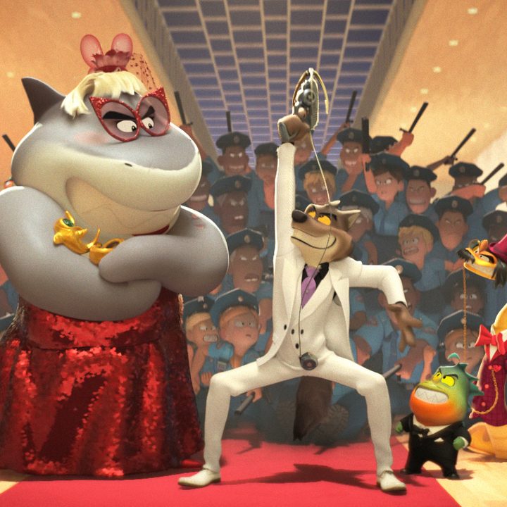Mr. Wolf and his crew stand in front of a group of police officers in The Bad Guys.