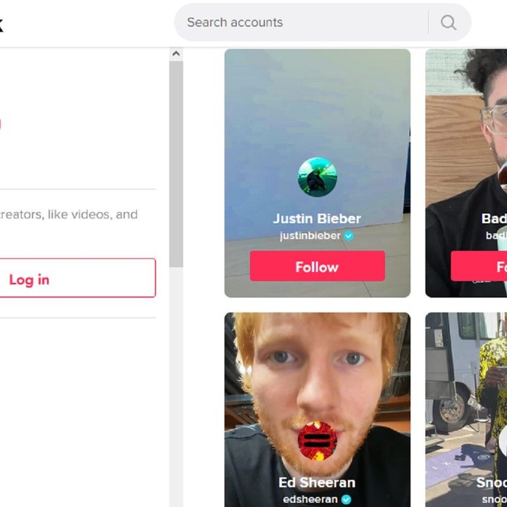 A selection of four celebrities and their TikTok accounts featured on the main page for TikTok's desktop website.