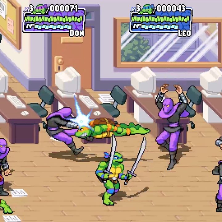 The turtles battle a group of Foot Clan in TMNT: Shredder's Revenge.