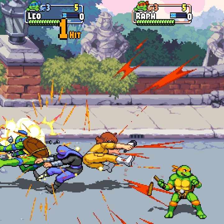April and Leo team attack a Foot Clan in TMNT: Shredder's Revenge.