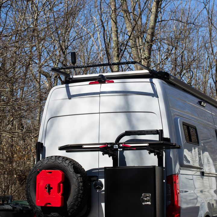 An exterior shot of a converted sprinter van
