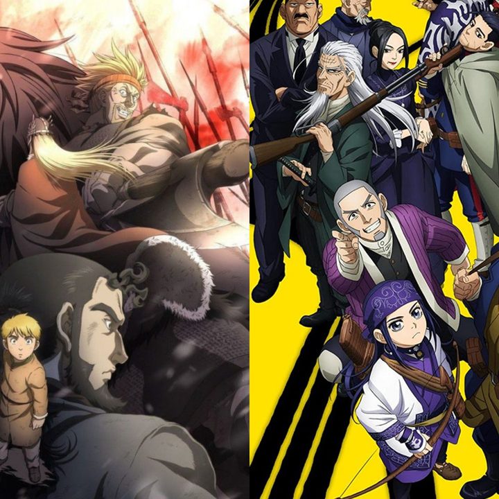 Split image of Vinland Saga and Golden Kamuy anime posters featuring the respective main casts.